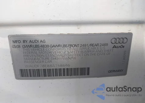 2008 Audi A4 2.0T/2.0T Special Edition from USA, damaged, VIN WAUDF78E88A158646